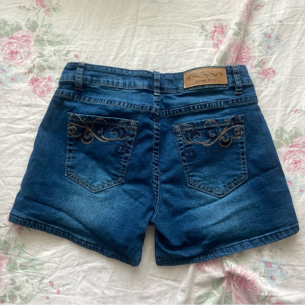 Suzanne Betro Blue Jean Shorts with Gold Embroidery